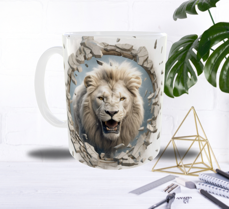 Mug Lion Blanc 3D — L’Éclat du Roi qui Traverse le Mur
