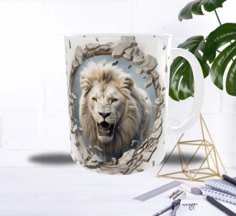 Mug Lion Blanc 3D — L’Éclat du Roi qui Traverse le Mur