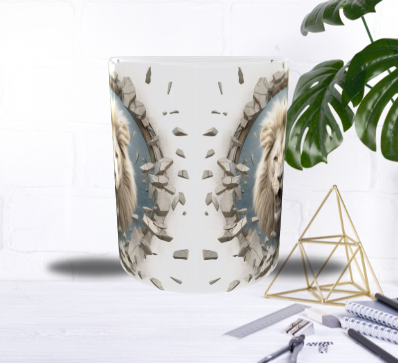 Mug Lion Blanc 3D — L’Éclat du Roi qui Traverse le Mur