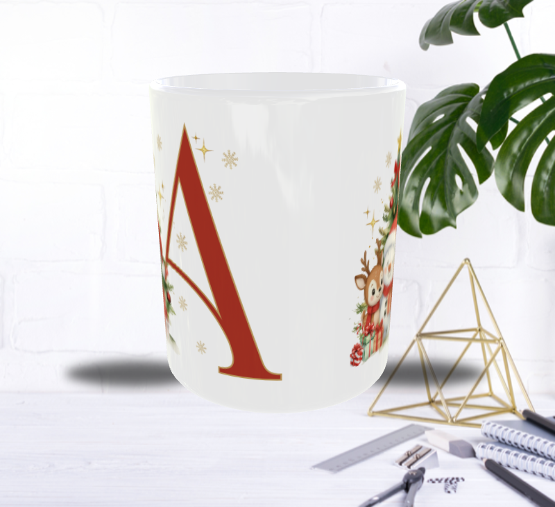 Mug de Noël Personnalisé – Lettre de A à Z avec Bonhomme de Neige & Renne