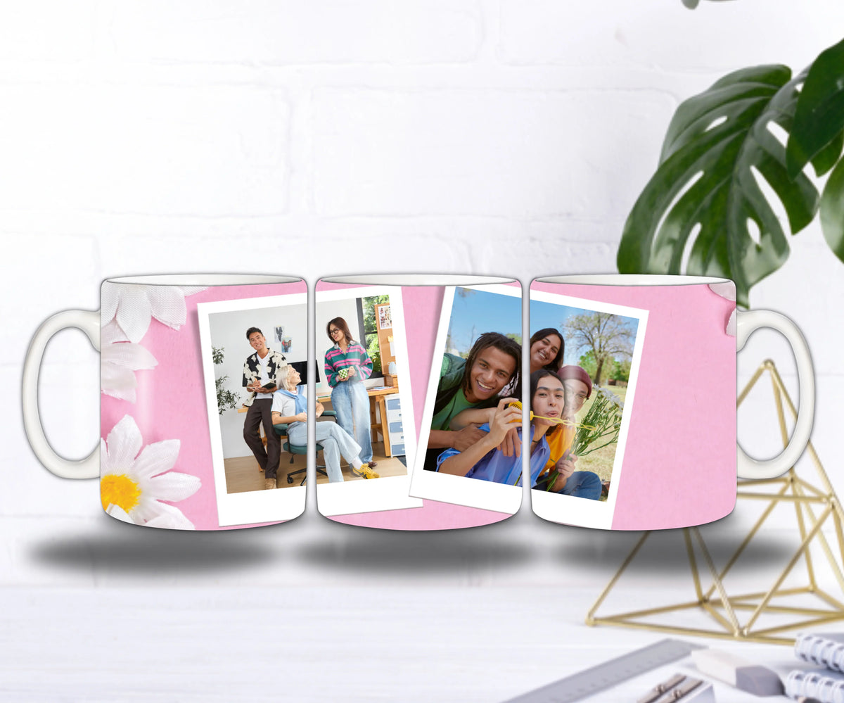 Mug Cadeau Personnalisé avec 2 Photos – Rose & Marguerites – 11oz