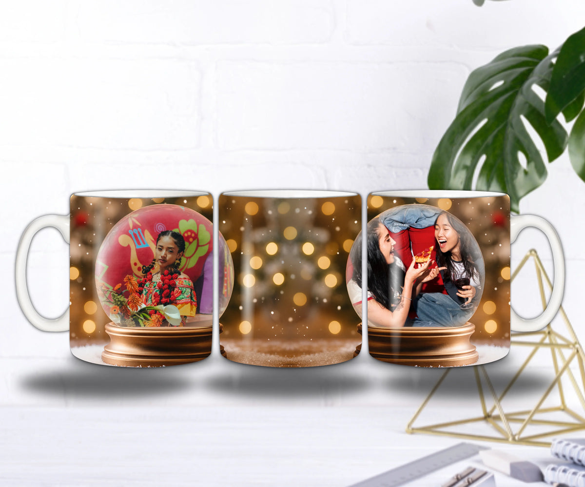 🎁 Mug Souvenirs Enchantés – Vos Photos dans de Magnifiques Boules de Noël