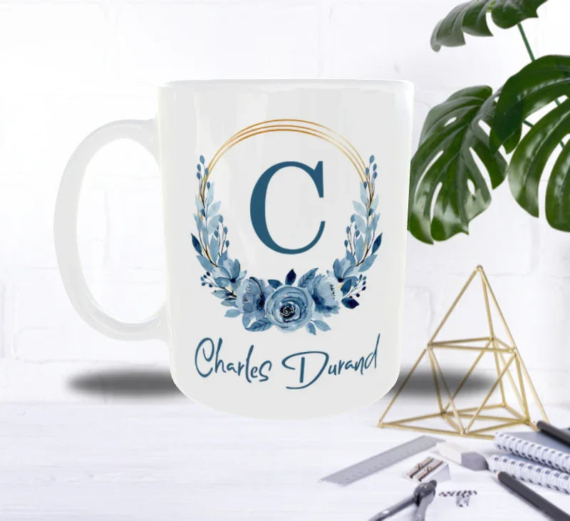 Mug Personnalisé Initiale & Prénom – Couronne Bleue Masculine