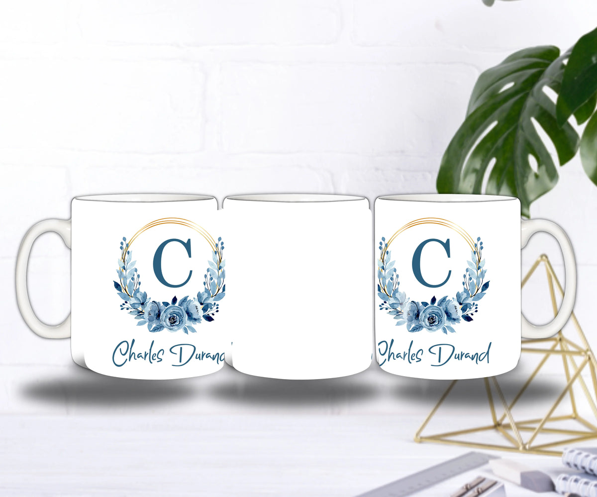 Mug Personnalisé Initiale & Prénom – Couronne Bleue Masculine