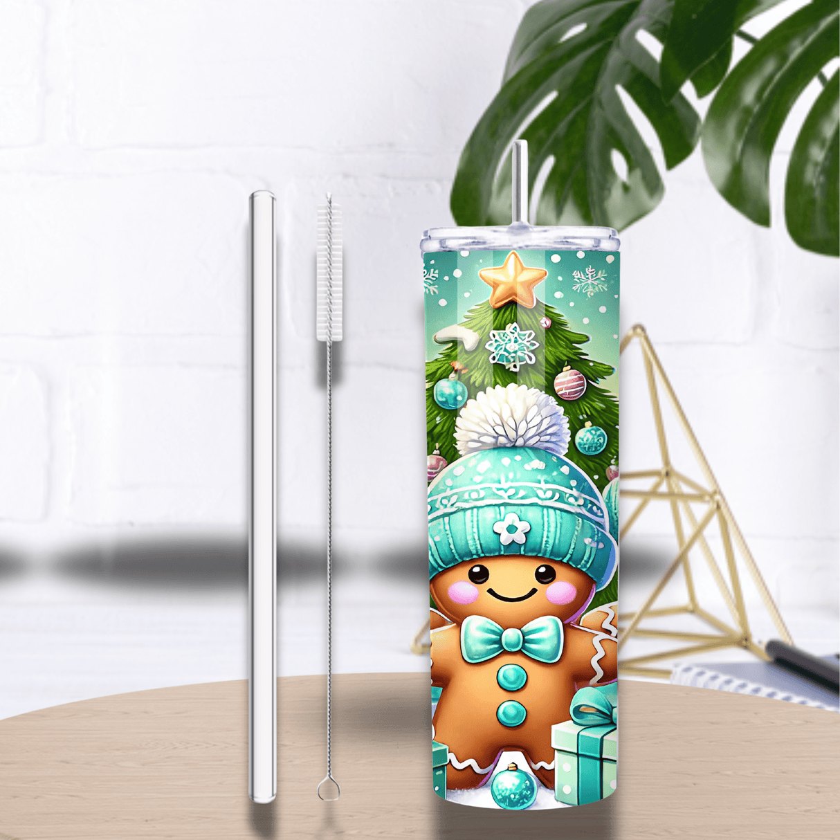 Tumbler Isotherme 20 oz (591 ml) “Pain d’Épice de Noël” – Sublimation HD – Paille & Goupillon inclus