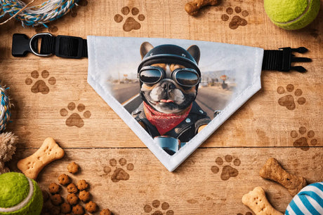 Bandana pour chien “Bouledogue Motard” – 5 designs moto vintage (tailles au choix) Sublimation Store