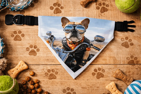 Bandana pour chien “Bouledogue Motard” – 5 designs moto vintage (tailles au choix) Sublimation Store