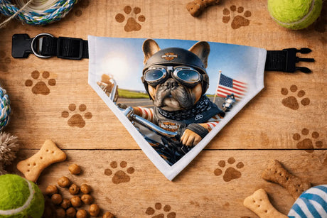 Bandana pour chien “Bouledogue Motard” – 5 designs moto vintage (tailles au choix) Sublimation Store