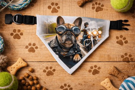 Bandana pour chien “Bouledogue Motard” – 5 designs moto vintage (tailles au choix) Sublimation Store