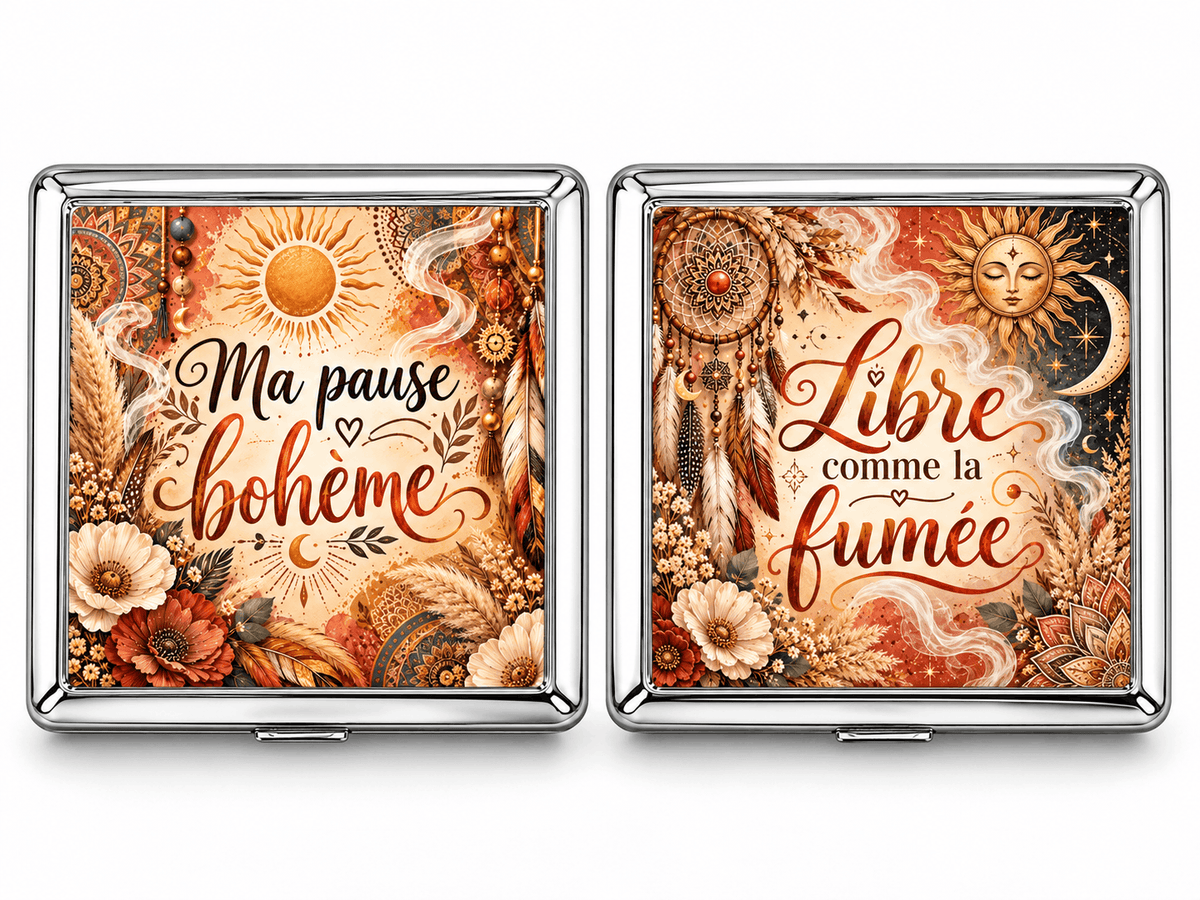 Boîtes à cigarettes en métal design bohème, Ma pause bohème et Libre comme la fumée, attrape-rêves, plumes et soleil