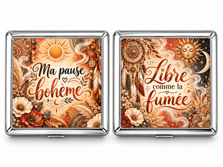 Boîtes à cigarettes en métal design bohème, Ma pause bohème et Libre comme la fumée, attrape-rêves, plumes et soleil