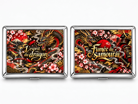 Boîtes à cigarettes en métal design japonais, L’esprit du dragon et Fumée du samouraï, cerisiers rouge, noir et or