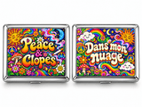 Boîtes à cigarettes en métal design hippie, Peace et Clopes et Dans mon nuage, arcs-en-ciel, soleil et champignons