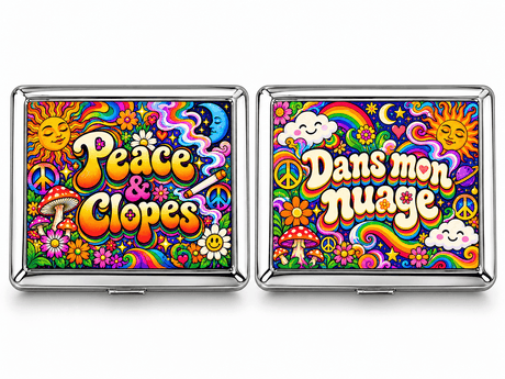 Boîtes à cigarettes en métal design hippie, Peace et Clopes et Dans mon nuage, arcs-en-ciel, soleil et champignons