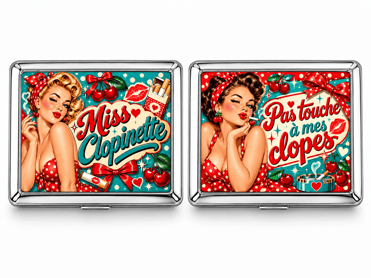 Boîtes à cigarettes en métal design pin-up cerises, Miss Clopinette et Pas touche à mes clopes, style rétro à pois