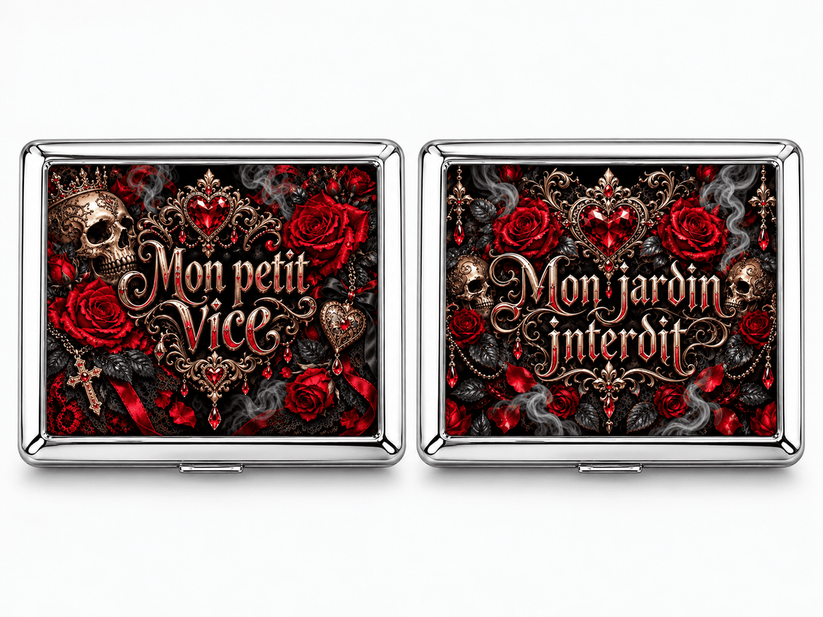 Boîtes à cigarettes en métal design roses gothiques, Mon petit vice et Mon jardin interdit, crânes dorés et cœur rubis