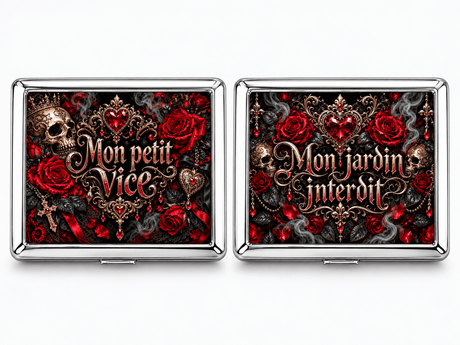 Boîtes à cigarettes en métal design roses gothiques, Mon petit vice et Mon jardin interdit, crânes dorés et cœur rubis