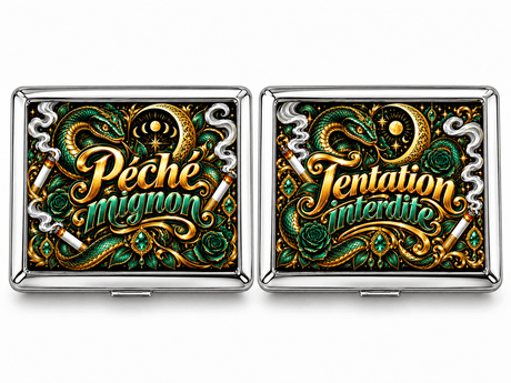 Boîtes à cigarettes en métal design serpent émeraude, Péché mignon et Tentation interdite, or, lune et gemmes vertes