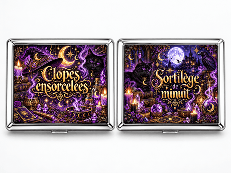 Boîtes à cigarettes en métal design sorcière, Clopes ensorcelées et Sortilège de minuit, chat noir, lune et cristaux