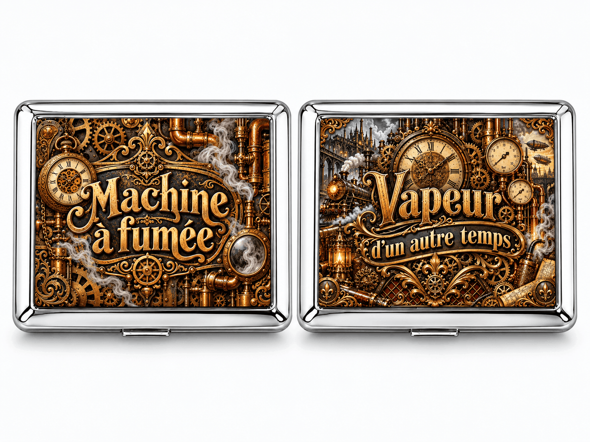 Boîtes à cigarettes en métal design steampunk, Machine à fumée et Vapeur d’un autre temps, engrenages et cuivre