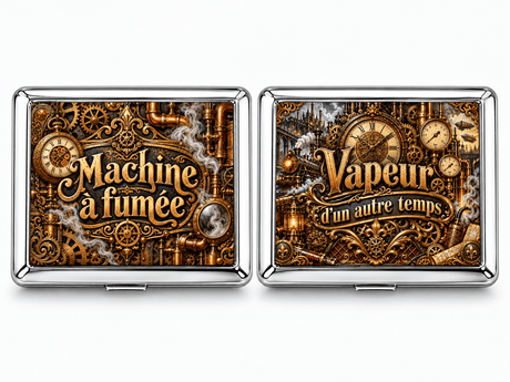 Boîtes à cigarettes en métal design steampunk, Machine à fumée et Vapeur d’un autre temps, engrenages et cuivre