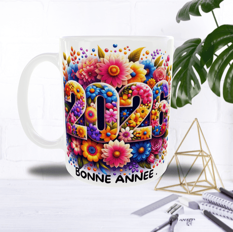 Mug “Bonne Année 2026” – Explosion Florale Colorée (Sublimation)