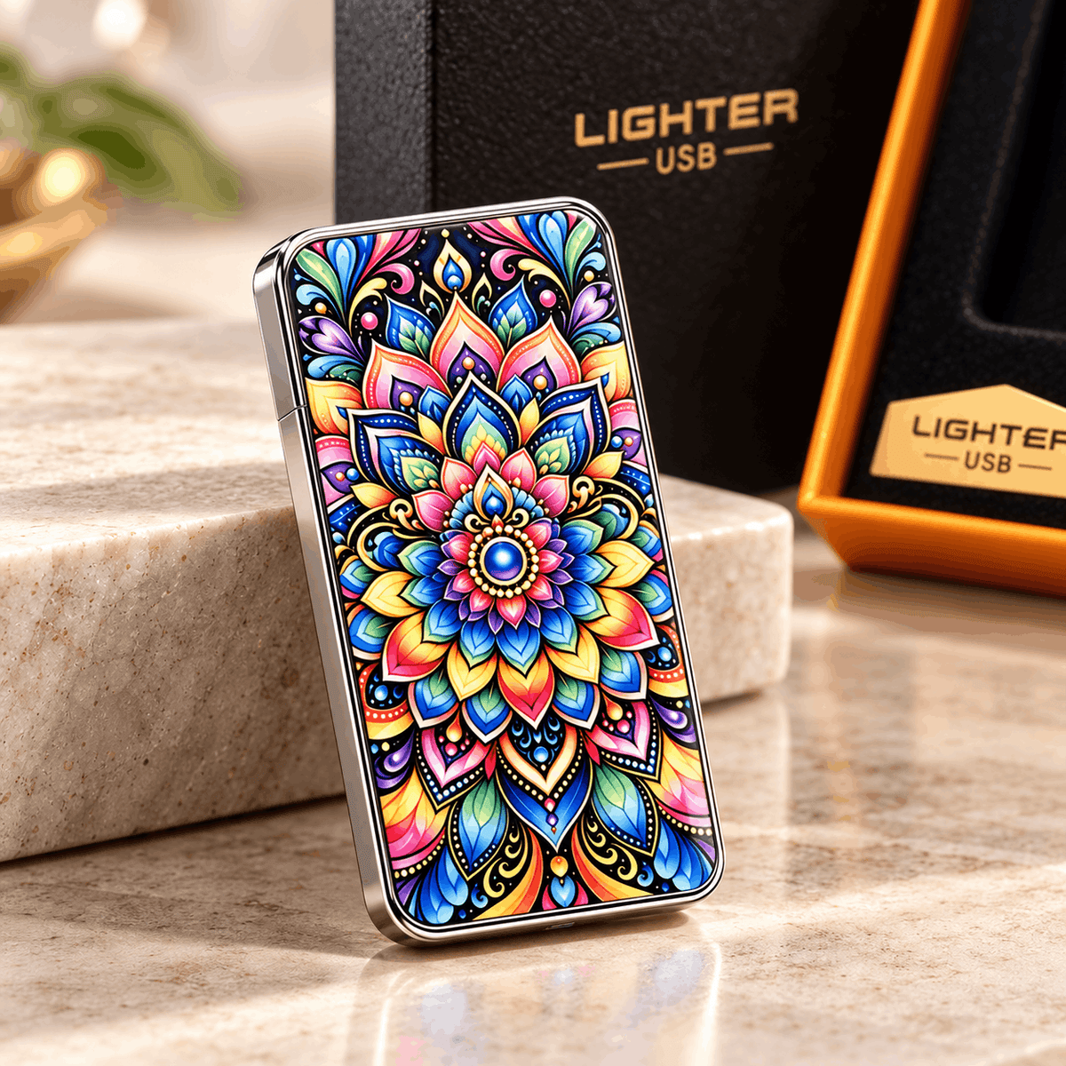 Briquet électrique mandala posé sur un marbre devant sa boîte noire, design coloré bleu, rose et jaune