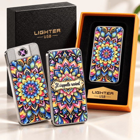 Briquets électriques mandala recto et verso Il s'appelle revient avec résistance allumée et coffret noir Lighter USB
