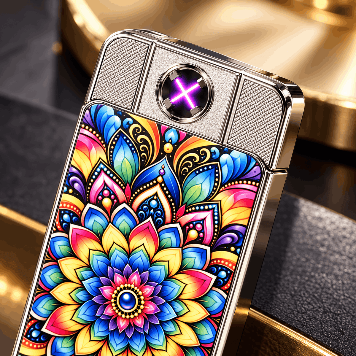 Gros plan sur la résistance d'allumage violette du briquet USB mandala, capot coulissant ouvert