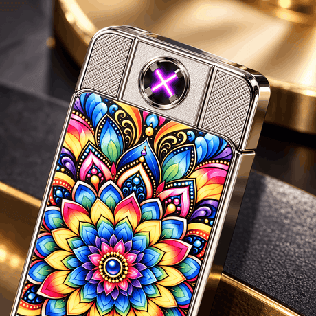Gros plan sur la résistance d'allumage violette du briquet USB mandala, capot coulissant ouvert