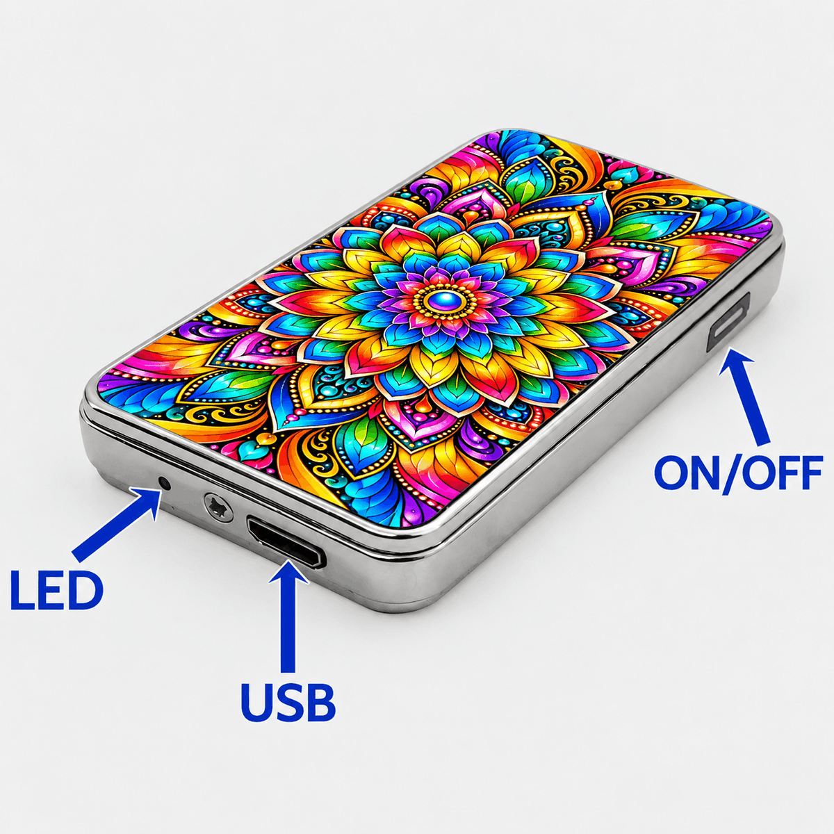 Briquet USB mandala avec indication du témoin LED, du port de charge USB et du bouton ON/OFF latéral