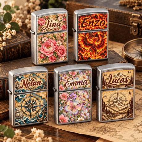 Cinq briquets à essence personnalisés Lina, Enzo, Nolan, Emma et Lucas posés sur de vieux livres, une boussole et une carte