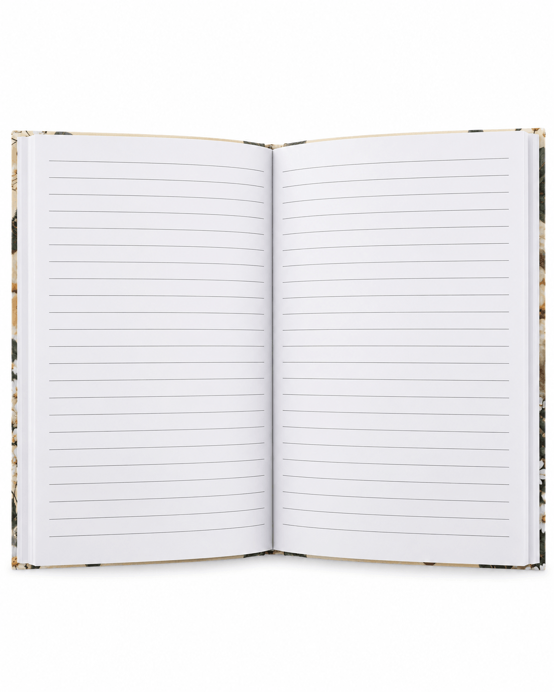 Cahier A5 ouvert vue de dessus avec 80 feuilles de papier ligné à lignes fines sur fond blanc, couverture illustrée
