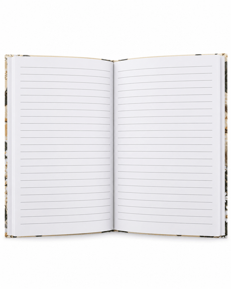 Cahier A5 ouvert vue de dessus avec 80 feuilles de papier ligné à lignes fines sur fond blanc, couverture illustrée