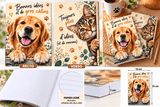 Planche du cahier A5 chien et chat avec recto, verso, papier ligné, épaisseur de 1 cm et dimensions du cahier
