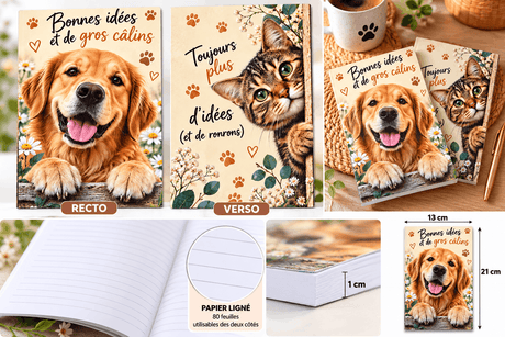 Planche du cahier A5 chien et chat avec recto, verso, papier ligné, épaisseur de 1 cm et dimensions du cahier