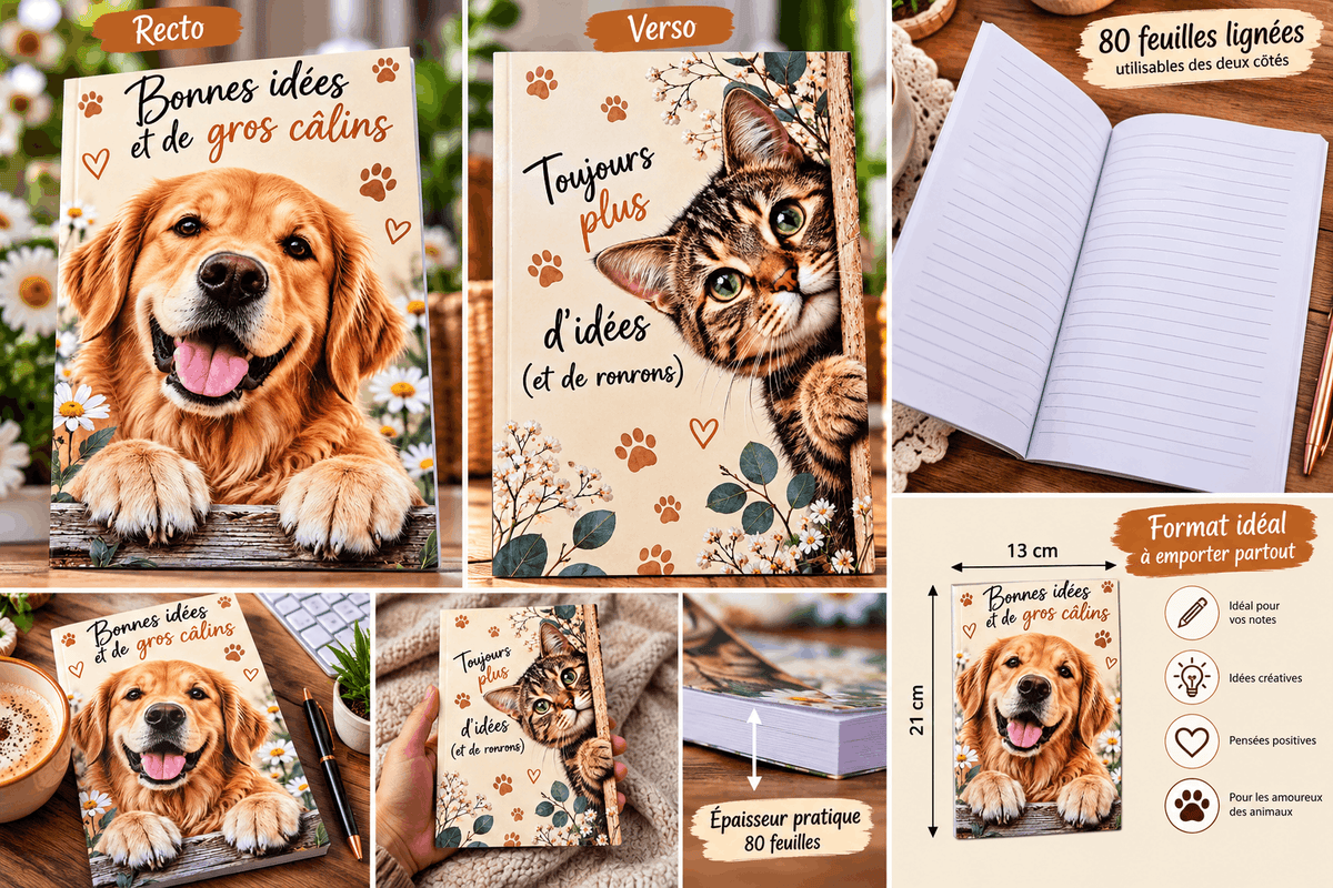 Planche du cahier A5 chien et chat : recto, verso, 80 feuilles lignées, cahier en main, épaisseur et format 21 cm