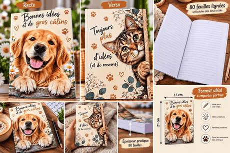 Planche du cahier A5 chien et chat : recto, verso, 80 feuilles lignées, cahier en main, épaisseur et format 21 cm