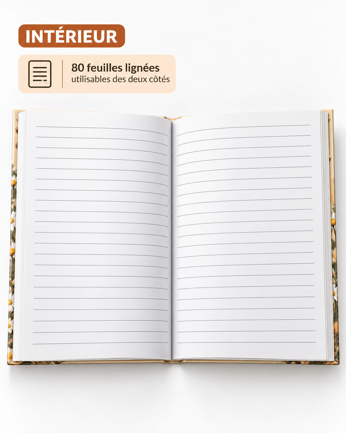 Cahier A5 ouvert vue de dessus avec 80 feuilles de papier ligné à lignes fines sur fond blanc, couverture illustrée