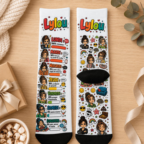 Paire de chaussettes Humeur de la Semaine recto et verso à plat sur parquet – design chibi coloré prénom Lylou