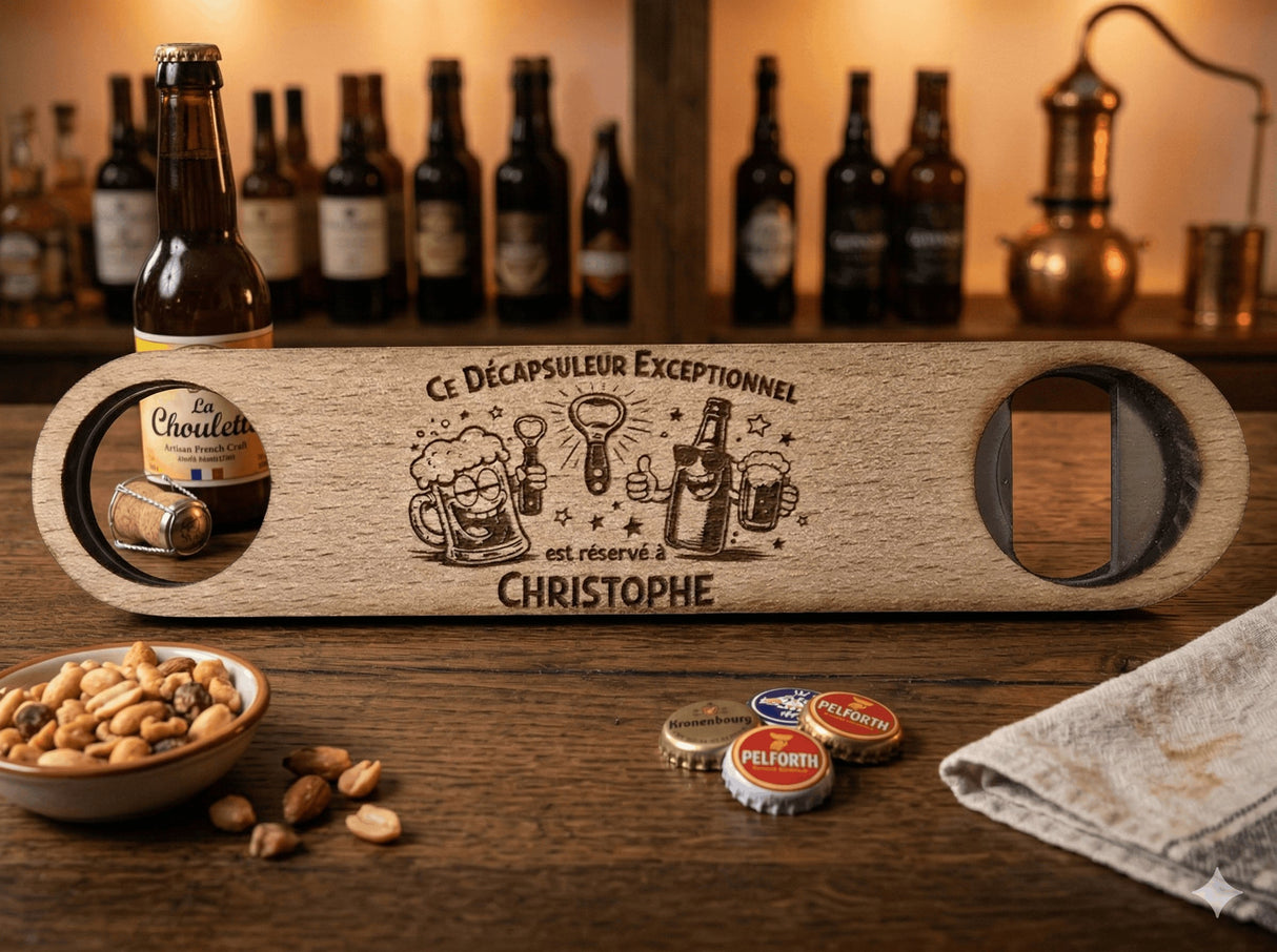 Décapsuleur personnalisé en bois de hêtre – Gravure laser humour recto/verso Sublimation Store