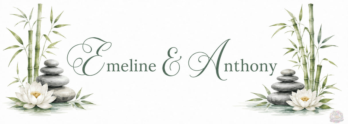 Design distributeur de savon personnalisé décor zen – prénoms couple en calligraphie, bambou galets lotus aquarelle