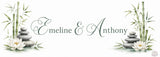 Design distributeur de savon personnalisé décor zen – prénoms couple en calligraphie, bambou galets lotus aquarelle