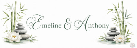 Design distributeur de savon personnalisé décor zen – prénoms couple en calligraphie, bambou galets lotus aquarelle