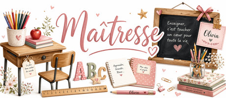 Mug personnalisé maîtresse fond blanc, design école complet avec lettres ABC, cahiers, ardoise et crayon personnalisé prénom Olivia