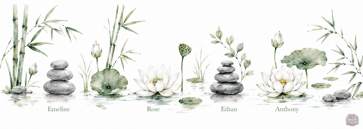 Design porte-brosse à dents personnalisé décor zen – 4 prénoms famille en calligraphie, bambou galets lotus aquarelle