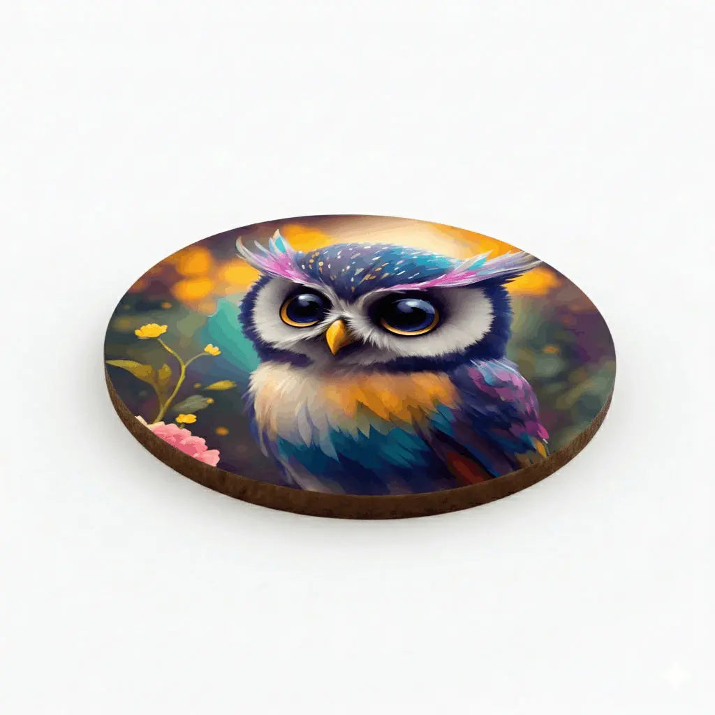 Dessous de Verre Rond Bois & Liège – Chouette Kawaii Multicolore (9 cm) – Sublimation Premium Sublimation Store