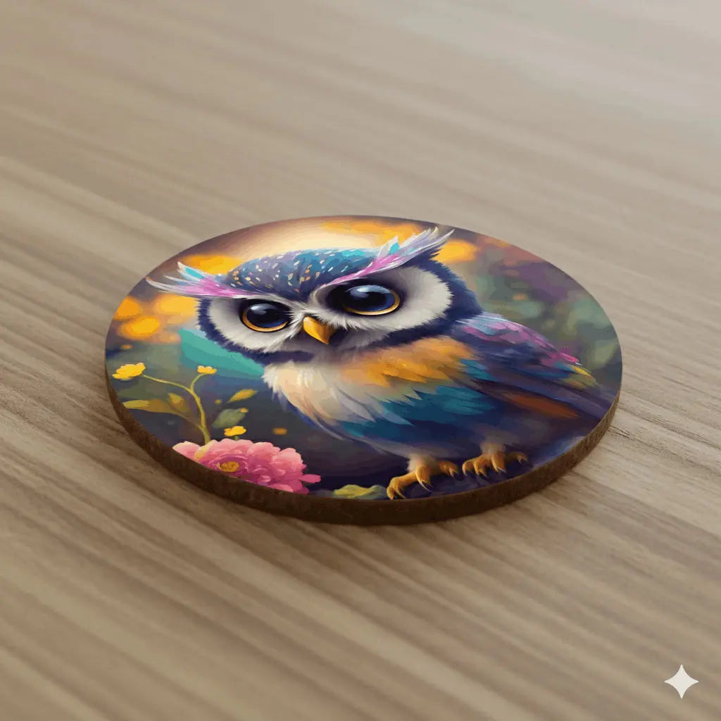 Dessous de Verre Rond Bois & Liège – Chouette Kawaii Multicolore (9 cm) – Sublimation Premium Sublimation Store
