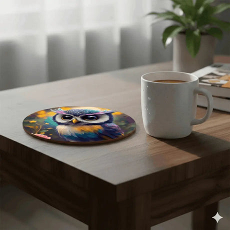 Dessous de Verre Rond Bois & Liège – Chouette Kawaii Multicolore (9 cm) – Sublimation Premium Sublimation Store
