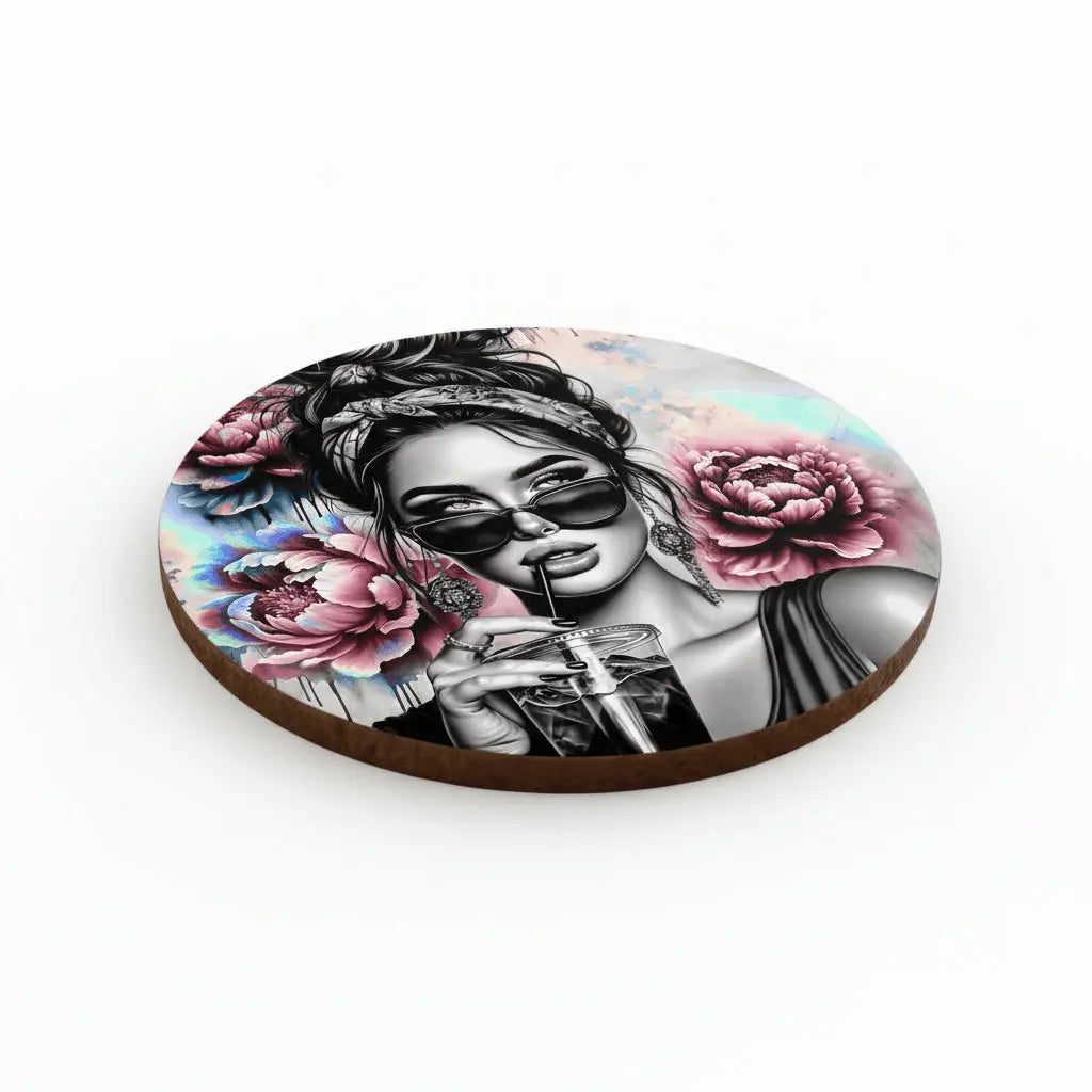 Dessous de Verre Rond Bois & Liège – Femme Glamour & Fleurs (9 cm) – Sublimation Premium Sublimation Store